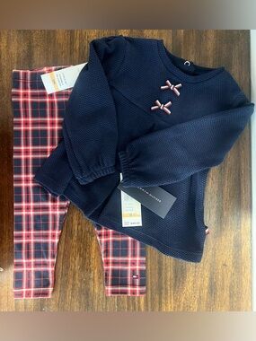 Tommy Hilfiger Navy Textured long sleeve shirt and leggings plaid Girls set cozy